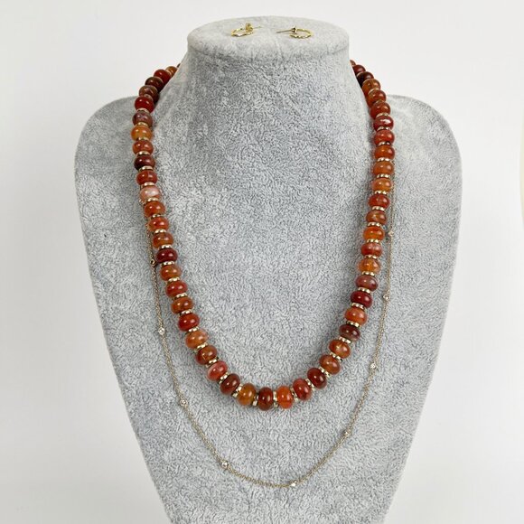 4 Piece Gold Plated Mini Hoop Earrings Necklace Chain Diamond Beaded Layered Set - Picture 5 of 5